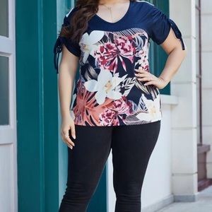 Plus Floral Print Drawstring Detail Tee
